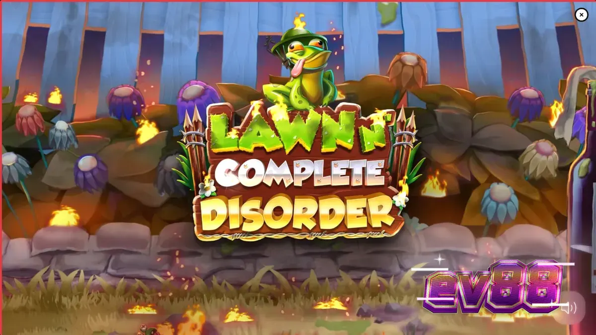Giao diện trò chơi slot Lawn N’ Complete Disorder với hình ảnh chú lùn và khu vườn rực lửa